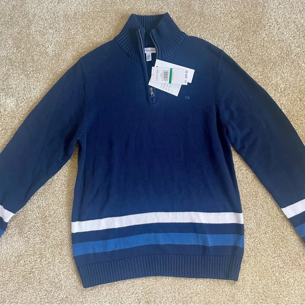 NWT Calvin Klein boy’s Blue Zip-Up Sweater  100% Cotton